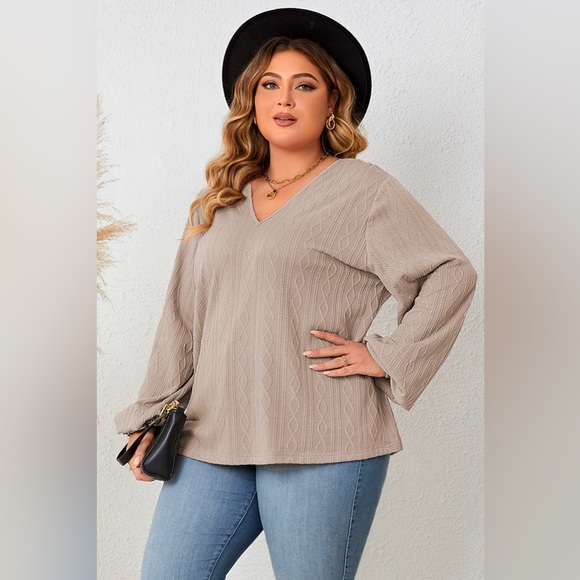 Plus Size Lace Detail V-Neck Long Sleeve Blouse - Picture 4 of 5